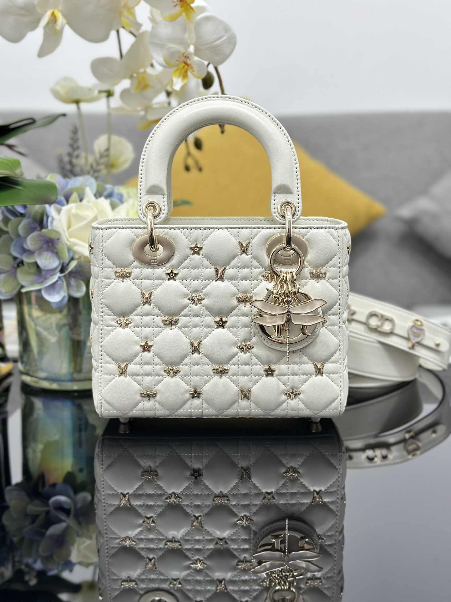 Small Lady Dior Bag White Lambskin with Dragonfly Nail